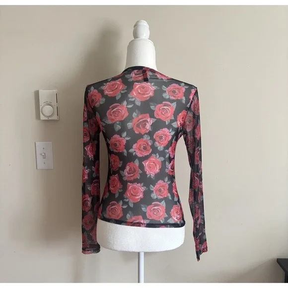 H M Divided Top Sheer Stretch Black Red Rose Punk Goth Y2K Small Whimsical - Picture 5 of 5